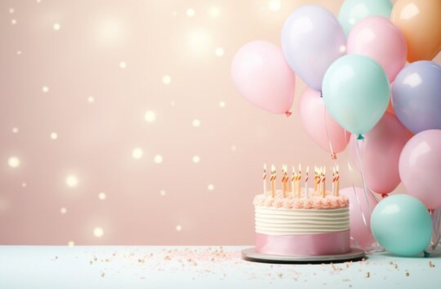 Birthday cake with pastel balloons