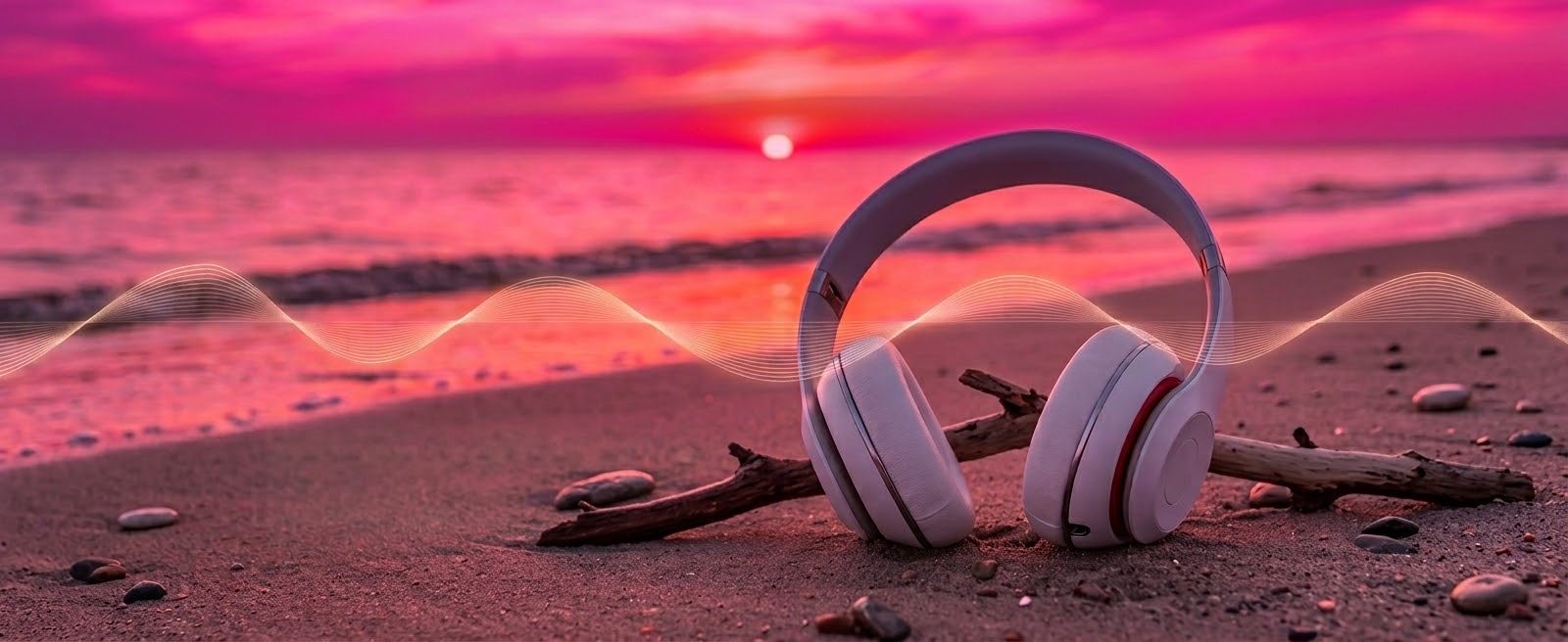 Pink sunset over the sea with headphones on the beach